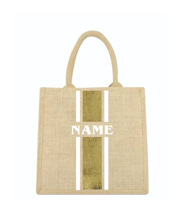 Personalized Jute Beach Bag with Golden Strip